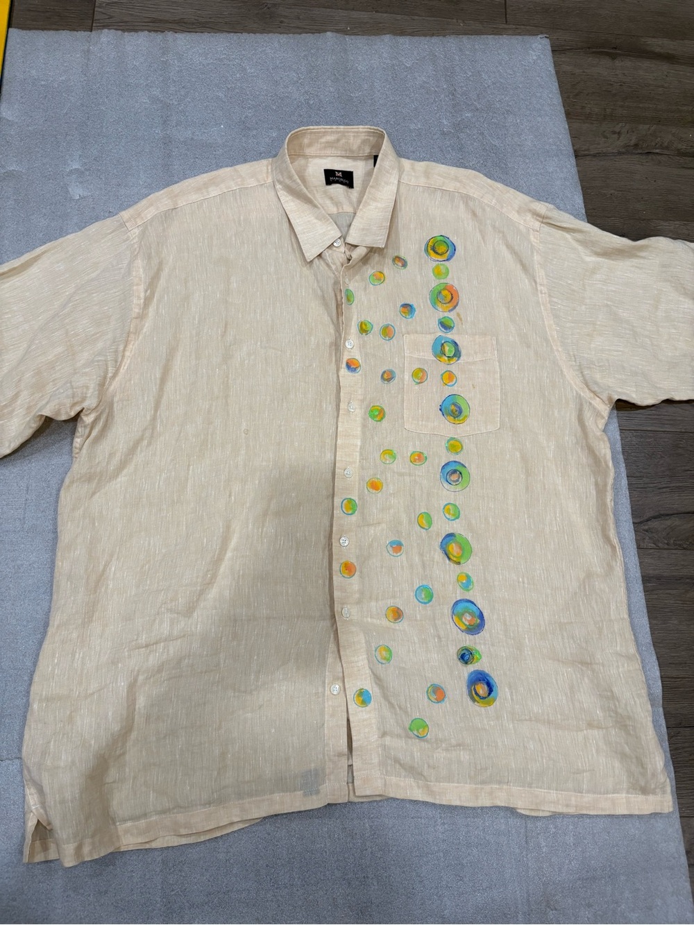 Marcello Sport Beige Linen Short-Sleeve Shirt Colorful Dot painted NWOT